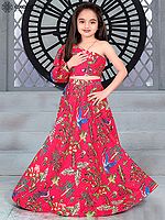 Ruby-Red Floral Motif Heavy Chinon Kids Lehenga Choli
