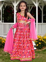 Amaranth-Red Digital Printed Work Heavy Silk Kids Lehenga Choli With Dupatta