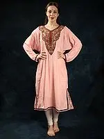 Tickled-Pink Velvet Kashmiri Phiran with Aari Embroidered Patch on Neck