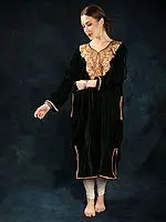 Deep-Green Velvet Kashmiri Phiran with Paisley Aari Embroidery on Neck