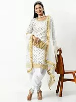 White Embroidered & Embellished Sequins Patiala Salwar-Suit with Net Dupatta