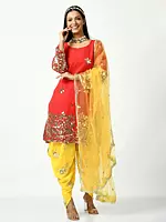 Red-Yellow Floral Pattern Embroidered Sequins Patiala Salwar-Suit with Heavy Net Dupatta