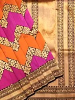 Tri-Color Pure Katan Silk Chevron Pattern Handloom Saree with Paisley Border