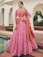 Heavy Viscose Embroidery Mirror Pink Sherbet Golden Heavy Border Lehenga with Rangkat Dupatta