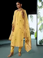 Pale-Banana Zari Butta Oraganza Kameez with Plain Cotton Salwar and Dupatta