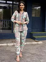 Sky-Blue Rayon Paisley Printed Co-Ord Set with Matching Bottom