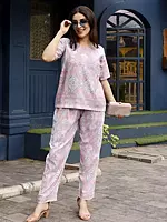 Light-Pink Rayon Floral Motif Printed Co-Ord Set with Round Neck