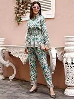 Teal-Green Floral Printed Rayon Co-Ord Set