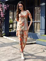 Neon-Orange Paisley Printed Rayon Co-Ord Set in V-Neck