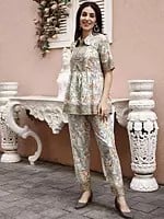 Greenish-Grey All Over Floral Printed Co-Ord Set for Women
