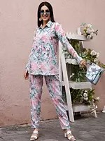 Blue and Pink Floral Printed Rayon Co-Ord Set