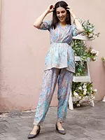 Light-Blue Paisley Pattern Rayon Co-Ord Set with V-Neck