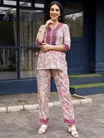 Magenta Rayon Floral Motif Printed Co-Ord Set with Tassels