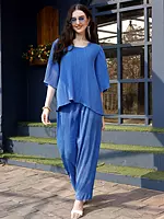 Round Neck Crush Plain Attractive Co-Ord Set in Royal-Blue