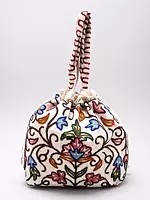Snow-White Drawstring Potli Bags with Crewel Embroidered Flowers