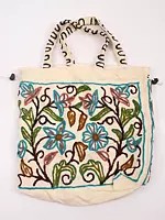 Snow-White Cotton Shoulder Bag with Crewel Embroidered Flowers