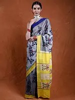 Quicksilver Pure Cotton Ikat Handloom Saree from Pochampally with Contrast Yellow Border and Anchal