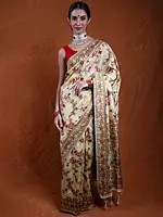 Pastel-yellow Jamdani Saree from Bangladesh with Multicolor Floral Weave