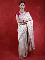 Arctic-Wolf Pure Cotton Jamdani Saree from Bangladesh with Multicolor Woven Flowers