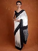 Lucnet-White and Black Ikat Woven Pure Cotton Saree from Puchampally