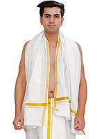 Bright-White Pure Cotton Plain Angavastram with Zari Woven Border