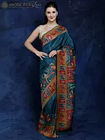 Superfine Blue-Coral Kani Handloom Saree from Kashmir with Woven Persian Hunt Scenes