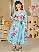 Floral Print Sky-Blue Party Wear Digital Printed Kids Frock