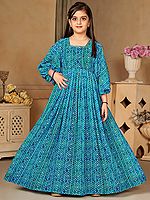 Egyptian Teal Ceremonial Wear Georgette Digital Printed Anarkali Gown for Kids