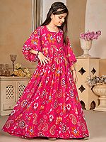 Radical Red Festival Wear Georgette Heavy Digital Printed Flower Pattern Anarkali Gown for Kids
