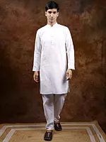 Lucent-White Mandarin Collar Pure Cotton Kurta Pajama Set