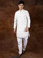 Printed Multi-Colored Kurta Pajama Set with Embroidery in Self-Colored Thread