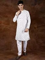 White and Black Check Kurta Pajama with Sequins and Embroidery in Self