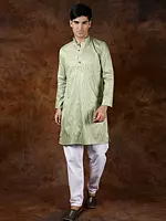 Smoke-Green Mandarin Collar Kurta with Self-Weave and White Pajama