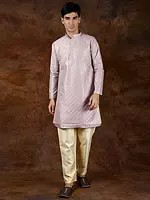 Lavender-Frost Kantha Embroidered Kurta with Zari Work and Cream Pajama