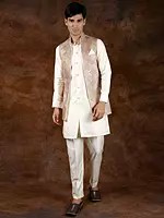 Cannoli-Cream Three Piece Kurta Pajama Set with Embroidered Front Open Jacket