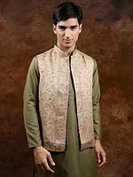 Beige Kani Jamawar Nehru Jacket with Multicolor Woven Paiselys