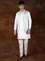 Three-Piece Kurta Pajama Set with Brocaded Front Open Waistcoat