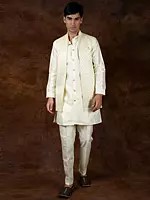 Ethereal-Green Three Piece Kurta Pajama Set with Front Open Jacket and Embroidered Sequins