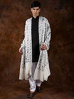 Pure Wool Men's Shawl from Amritsar with Aari Embroidered Paisley Jaal on All-Over