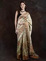 Green-Tint Art Silk Saree with Zari Brocaded Border and Digital Printed Flowers