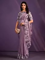 Crepe Satin Silk Saree With Stitched Blouse Sequence, Cord, Thread Embroidered With Stone Work