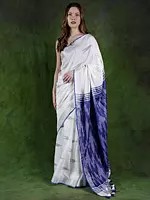 Star-White Cotton Ikat Saree with Silver Zari Border and Latkan