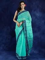 Sea-Green Cotton Jamdani Saree from Bengal with Woven Bootis