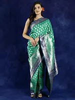 Dynasty-Green Saree with Zari Woven Bootis-Peacocks and Beadwork