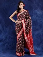 Pure Shakta Silk Black & Red Ikat Handloom Saree from Sambalpur with Woven Checks