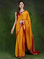 Golden-Orange Plain Saree with Zari Woven Paisley Bail Border and Striped Anchal