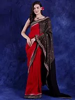 Tomato Pure Cotton Saree with Temple Border and Delicate Ikat Weave