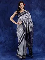 Elegant Wild Dove Pure Cotton Ikat Saree with Woven Pine Trees and Tissue Border