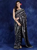 Black and Grey Pure Cotton Ikat Saree from Sambalpur with Temple Border