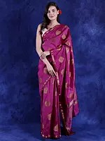 Purple Wine Silk Saree from Chennai with Paisley Butta and Striped Pallu